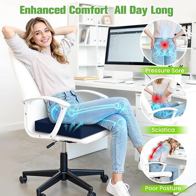 Seat Cushion for Office Chairs, Memory Foam Chair Cushion with Patterned Core for Even Support, Back, Tailbone & Sciatica Relief, Chair Pillow with Carry Handle for Car, Wheelchair (Blue)