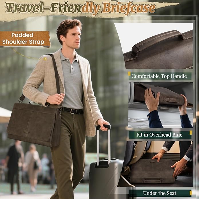 RAINSMORE Vintage Flap Messenger Bag for Men PU Leather Laptop Bag 15.6 Inch Mens Briefcase Waterproof Satchel Computer Bag