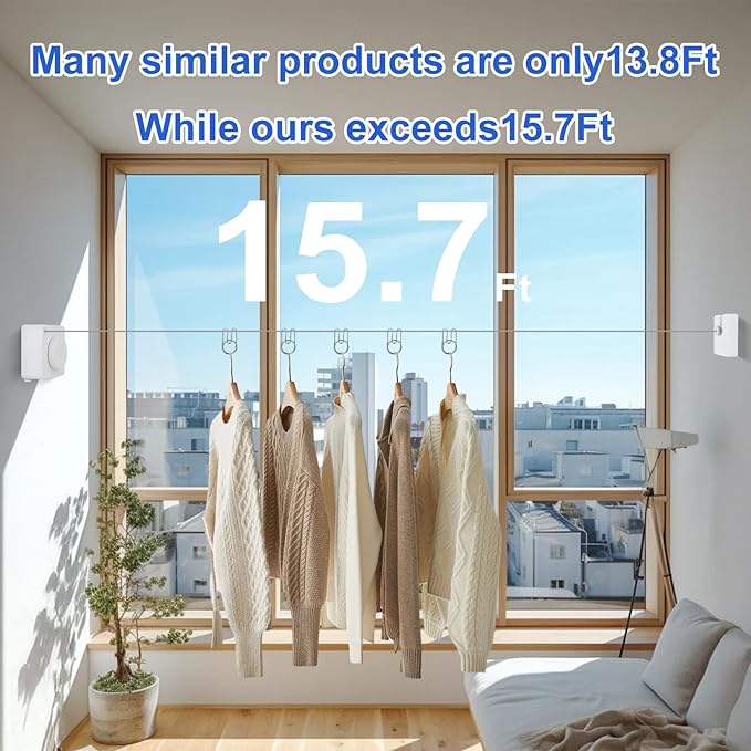15.7Ft Retractable Clothesline Indoor Outdoor is Also an Anti-sag Clothes line for Indoors, Stainless Steel Wire Retractable Laundry Line for Drying Clothes, with 10 Windproof Clips (White)