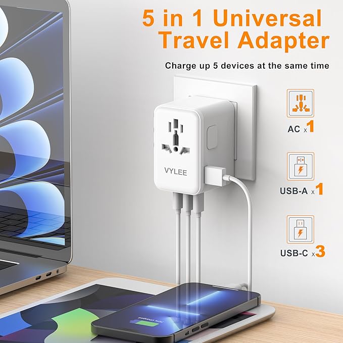 VYLEE PD100W GaN Universal Travel Adapter, International Power Adapter in One, 3 USB C & 1 USB A & AC Outlet, Travel Adapter Worldwide Plug Adapter with USA EU UK AUS Plugs (White)