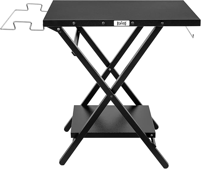 Feasto Folding Grill Table, Pizza Oven Table & Portable Table with Bottom Shelf, Tool Hooks, Trash Bag Holder & Paper Towel Rack, Grill Stand for Pizza Oven & Tabletop Griddle (Black)