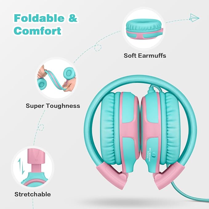 SIMOLIO Kids Headphone with Mic, 75dB,85dB,94dB Volume Limit Share Port, Child Headsets for Tablet/iPad/Kindle/Laptop, Sturdy Toddler Wired Headphones with Portable Bag for Girls, Boys (Mint & Pink)