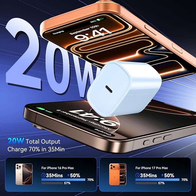 Phone 17 16 15 Pro Charger Fast Charging, 20W USB C Fast Charger Block with 10FT Long Type C Chargers Fast Charging Cable Cord for Phone 17/17 Pro/17 Pro Max/Air/16 Pro Max/16 Pro/15Pro Max/Pro, S24