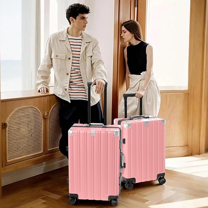 Krute Zipperless Luggage 24 Inch Aluminum Frame Suitcase with Spinner Wheels PC+ABS Hardide Checked Luggage TSA Approved No Zipper Travel Suitcase Pink