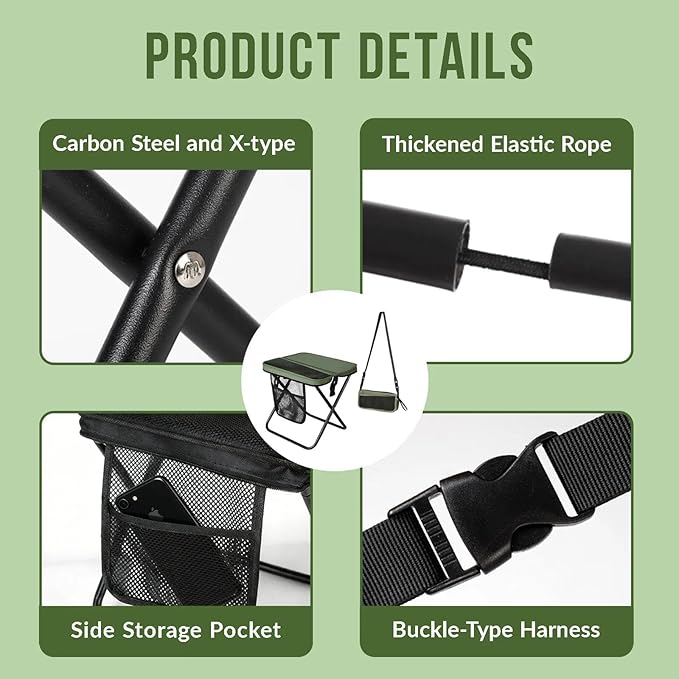 16" Portable Collapsible Stool - Folding Chair with Storage Pouch, Convertible Satchel for Hands-Free Carry & Supports 300Lbs, Ultralight for Hiking, Fishing, Camping, Festivals (Green, Large)