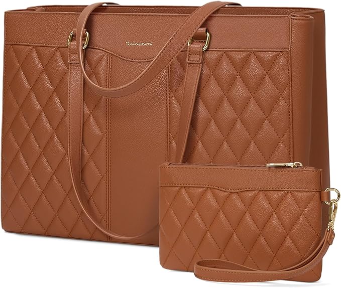 RAINSMORE Laptop Bag for Women 15.6 Inch Work Tote Bags Leather Laptop Tote Professional Laptop Purse Computer Handbag Womens Briefcase Tote with Clutch for Teacher Office Travel, Brown