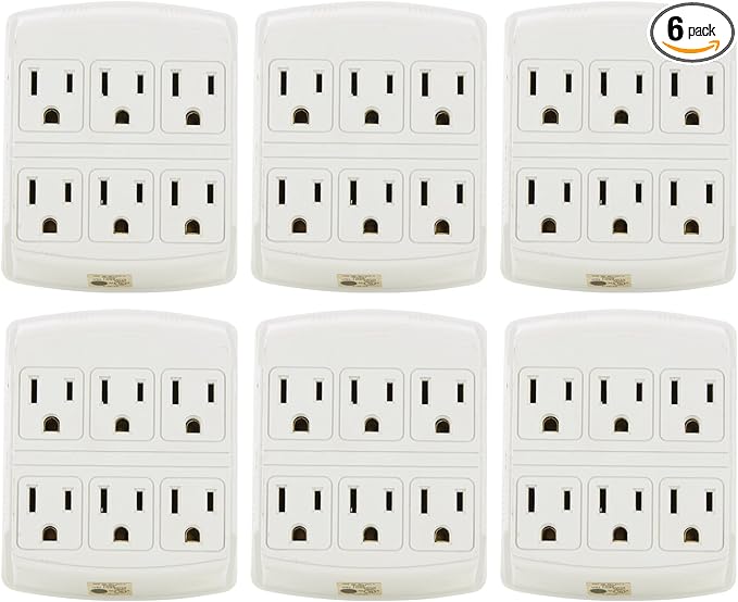 Sunlite 40854 6 Grounded Outlet Adapter, Wall Mountable, 3 Prong Outlet Extender Power Strip, Home and Office, UL Listed, Ivory 6 Pack