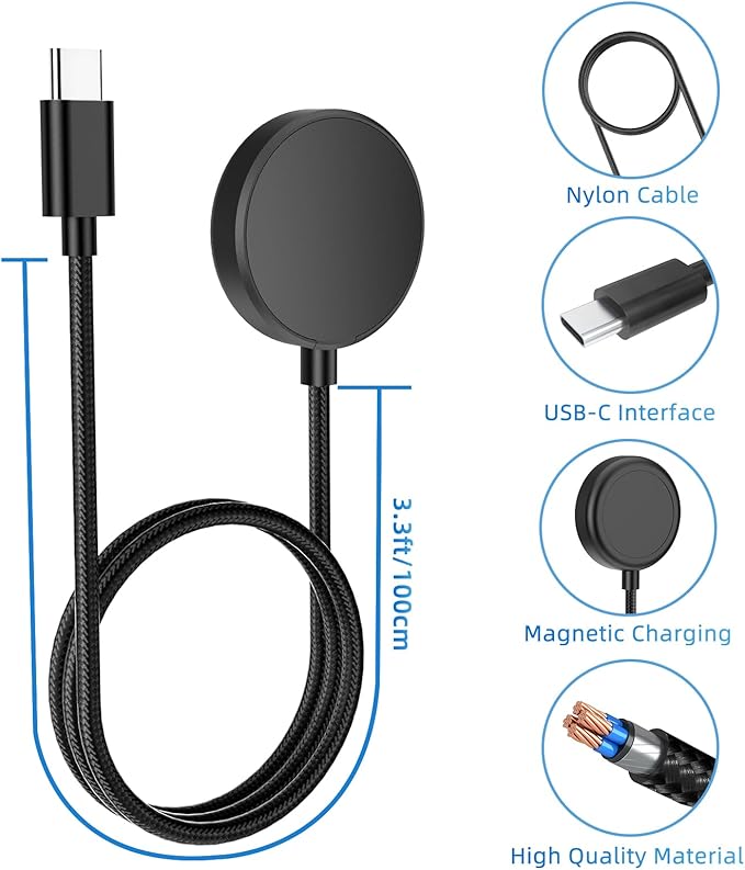 USB C Charger for Samsung Galaxy Watch 7/6/6 Classic/5/5 Pro/4/4 Classic/3/Active 2, (2 Pack) Upgrade Nylon Galaxy Watch Charger Cable