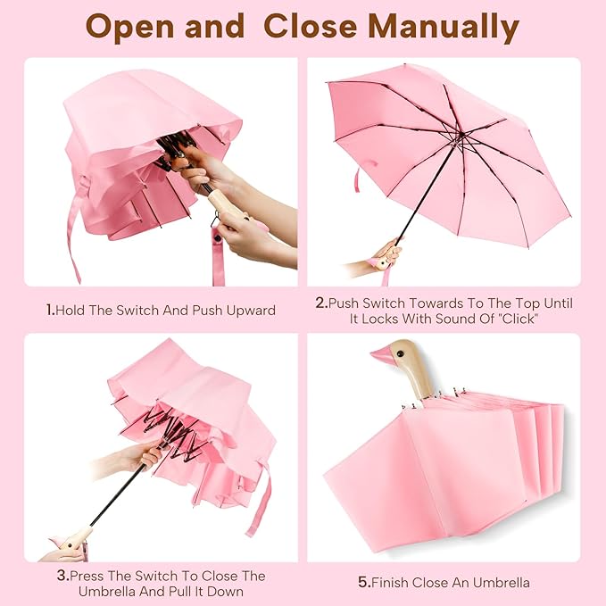 Compact Small Umbrellas for Rain&Sun, Cute Design Duck Head Umbrella for Girls Gifts, 8 Ribs Folding Umbrella with Wooden Handle