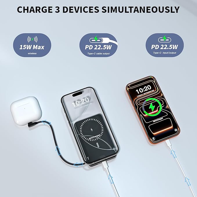 10000mAh Magnetic Wireless Power Bank Fast Charging , Mag-Safe Protable Charger Bulit in USB C Cable and Stand 22.5W PD USB C Fast Charger,Magnetic Battery Pack for iPhone 17 Pro/17 Air/16/15/14/13/12