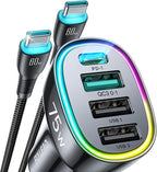 75W Car Charger USB C, 4 Port Super Fast Cigarette Lighter USB Charger, Type C 60W & QC 3.0 Multiport Car Phone Adapter Accessories for iPhone 17/16/15/14 Samsung S26 Series with 3.3ft 60W USB C Cable