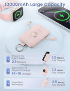 RORRY CharmGo Portable Charger, 10000mAh 20W Fast Charging Portable Charger Power Bank with Built in Cables, Travel Battery Pack for iPhone 17/16/15/14/13/12 and Apple Watch, Pink