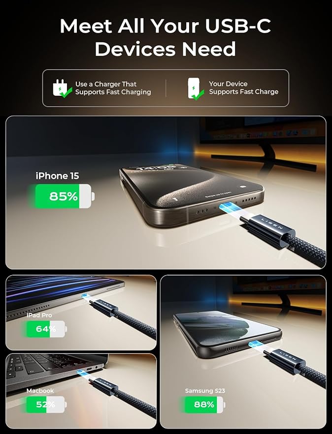 LISEN USB C Cable, 5-Pack [3.3/3.3/6.6/6.6/10FT] USBC to USBC Cable for iPhone 16e 15 Pro Max Charger Cord, 60W C to C Cable Fast Charging for Samsung S25/S24/23, Switch 2, iPad, MacBook, Midnight