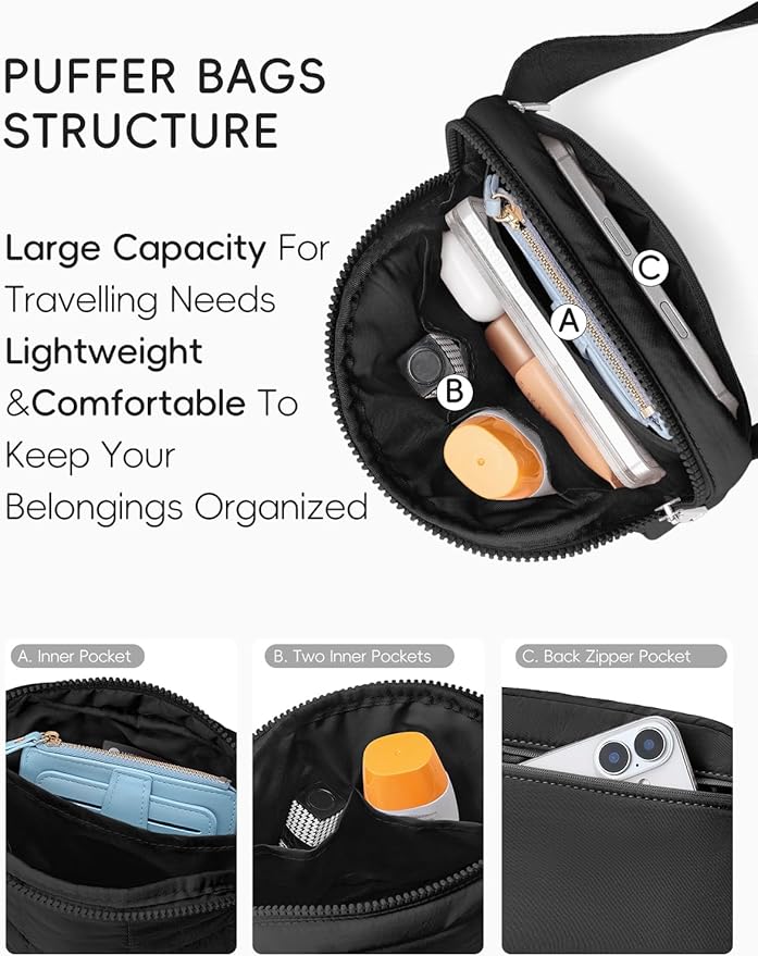 WESTBRONCO Puffer Fanny Packs for Women Quilted Nylon Waterproof Belt Bag with 2 Zipper, Puffy Crossbody Bag with Adjustable Strap, 1L Waist Bag for Travel Daily