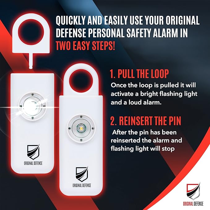 Original Defense® Siren Self-Defense Alarm - 130 dB Keychain Alarm with LED Strobe Light for Women, Children, and Elderly - Police Recommended - (White, 1 Count)