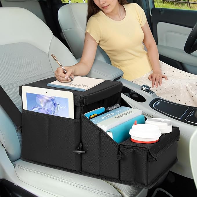 Car organizer for kids ，Backseat Organizer for Kids and Passenger Seat Organizer for Adults ，Car Seat Cooler and Warmer with Cup Holders and Convertible Tray Lid(Black)