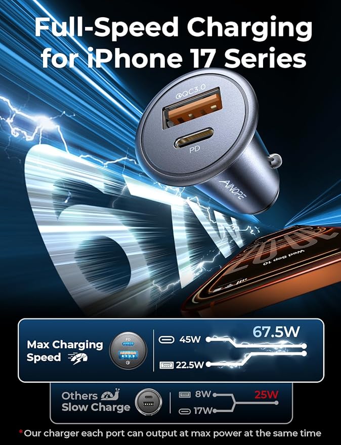 AINOPE 67.5W [Mini&Metal] Cigarette Lighter Adapter Car Charger USB C Fast Charging, PD&QC Cigarette Lighter USB Charger 12V Outlet Plug Socket for iPhone 17 16 15 14 Pro Max, Samsung S26 S25