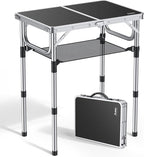 Anbte Folding Camping Table, Aluminum 24" x 16" Adjustable Height Small Folding Table with Carrying Handle, Lightweight, Portable Camping Table Waterproof for Outdoor Indoor Picnic Beach BBQ (Black)