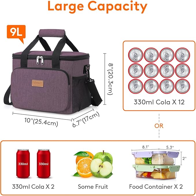 Lifewit Medium Lunch Bag, Insulated Lunch Box, Soft Cooler Cooling Tote for Adult Men Women, Purple 12-Can (9L)