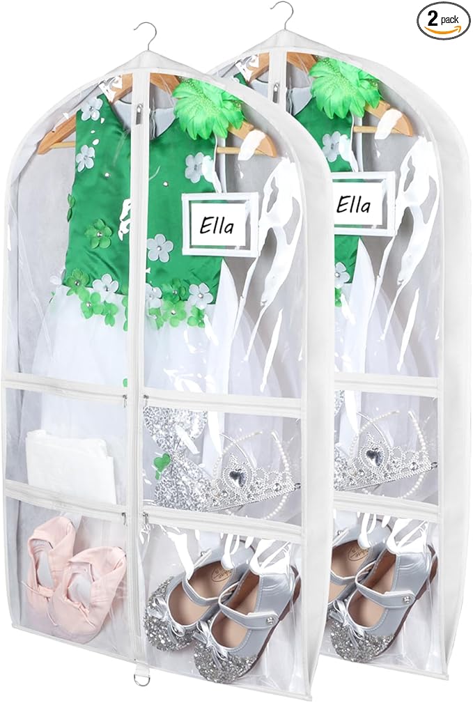 Syeeiex 3" Gusseted Dance Costume Garment Bag(2 Pack), 40'' Dance Garment Bags for Dancers with 4 Zipper Pockets & Can Hold 1-3 Dance Costumes - Suitable for Dance Competitions, Ballet(White)