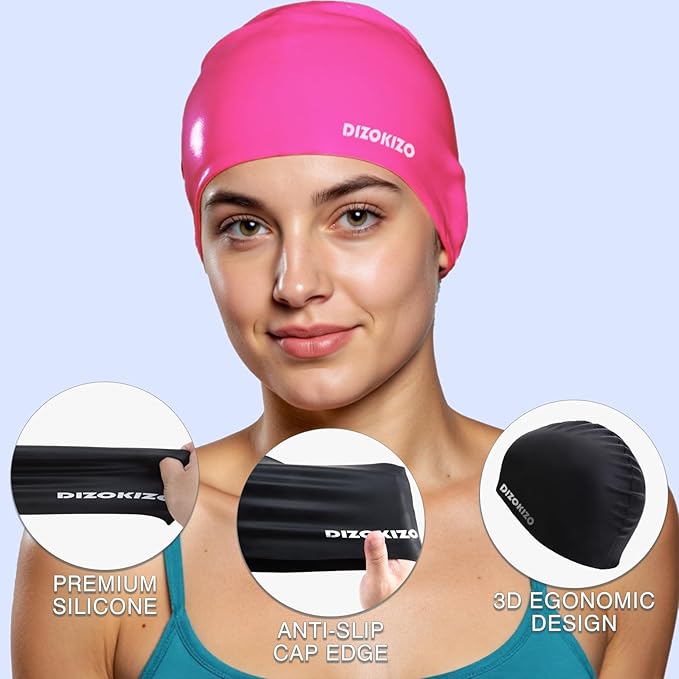 2pcs High Elasticity Silicone Swim Cap for Women and Men, Comfortable Non-Slip Swimming Caps for Long and Short Hair, Durable Waterproof Swim Hats for Adults, Keep Hair Dry