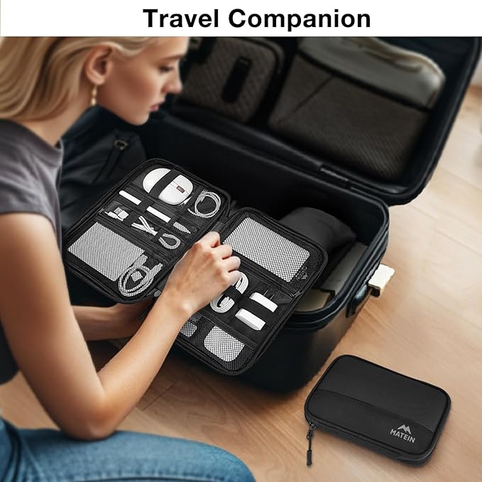 MATEIN Charger Organizer Travel Case 2 Pack, Cable Bag Organizer for Tech Accessories, Water Resistant Cord Case for Work, Sturdy Cable Pouch for Crods, Phone, Powerbank, Gifts for Men, Black