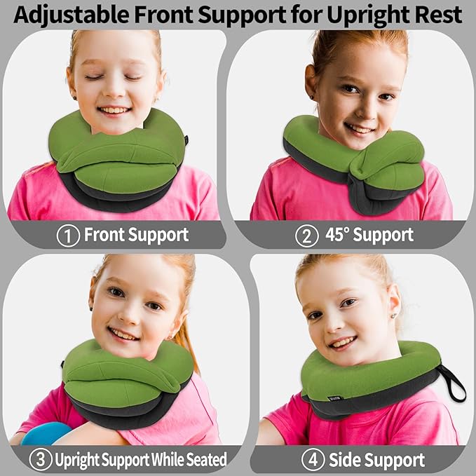 BUYUE Kids Travel Pillows for Airplane, Memory Foam 360° Head Support Sleeping Essentials for Long Flight, Skin-Friendly Soft Neck Pillow for Traveling in Car Seat, (Small, Green Grey, 40-90 lbs)