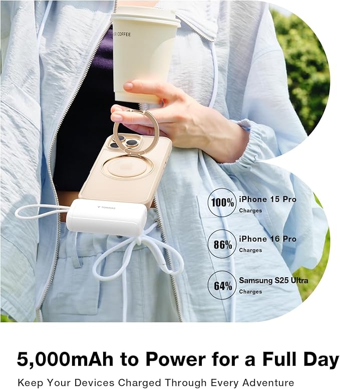 TORRAS iPhone 16 Portable Charger, 5000mAh 22.5W Power Bank with Built-in USB-C Cable, Fast Charge Battery Pack for iPhone 17/16/15, Galaxy S25, Google for Travel Outdoor Hiking Backup Battery, White