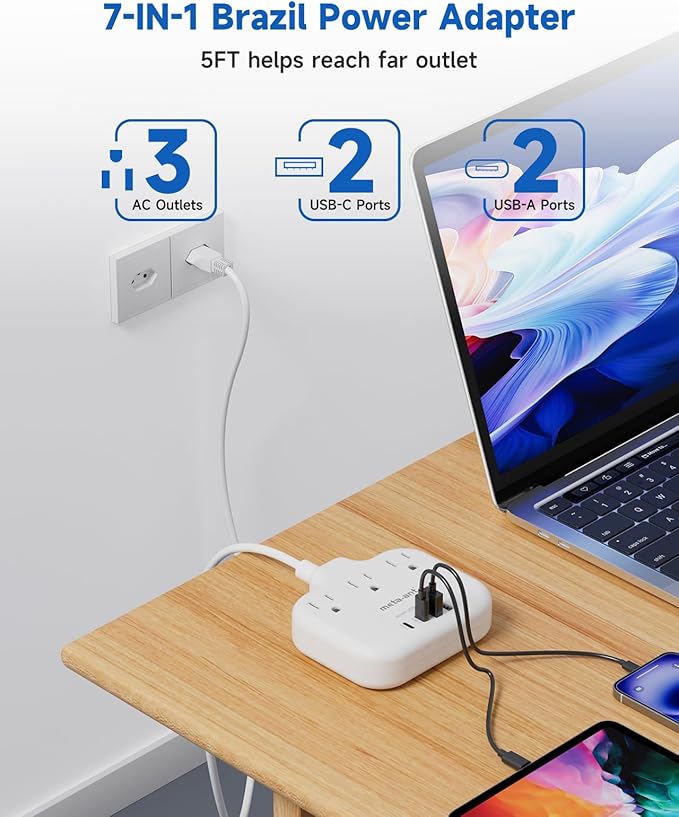 Brazil Power Adapter with 5FT Extension Cord, meta-ant US to Brazil Travel Plug with 3 American Outlets and 4 USB Charger Port(2 USB C), Type N Adaptor for USA to Brazilian Brazil, White