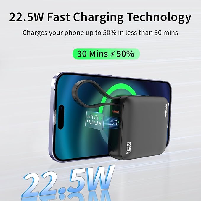 Hichain Small Portable Charger with Built in Cables LED Display, Mini Power Bank 10000mAh 22.5W USB-C Fast Charging Battery Pack, Travel Essential Power Bank for iPhone, iPad, Samsung, Android (Black)