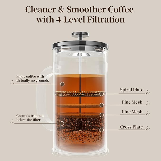 Veken French Press Coffee Maker 34oz, No Plastic Touching Cafe,Thickened Glass Stainless Steel Brewer, Cold Brew Cafetera Tea pot for Kitchen Travel Camping, Gifts, Decor, Bar Accessories, Dark Pewter