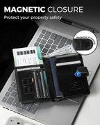 LORZOR Passport Holder for Travel: Full Grain Leather Passport Cover with Airtag Holder Magnetic Buckle for Men - RFID Blocking Bifold Wallet for Air Ticket Card Cash Coin (Black)