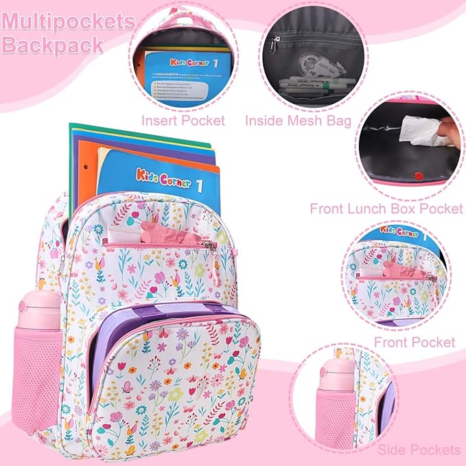 RHCPFOVR Kids Backpack for Girls - Girls Backpack 3-8 Ages Flower for Kids 15 Inch School Bookbag for Kindergarten Elementary School Bookbag for Girl 1st 2nd Grade