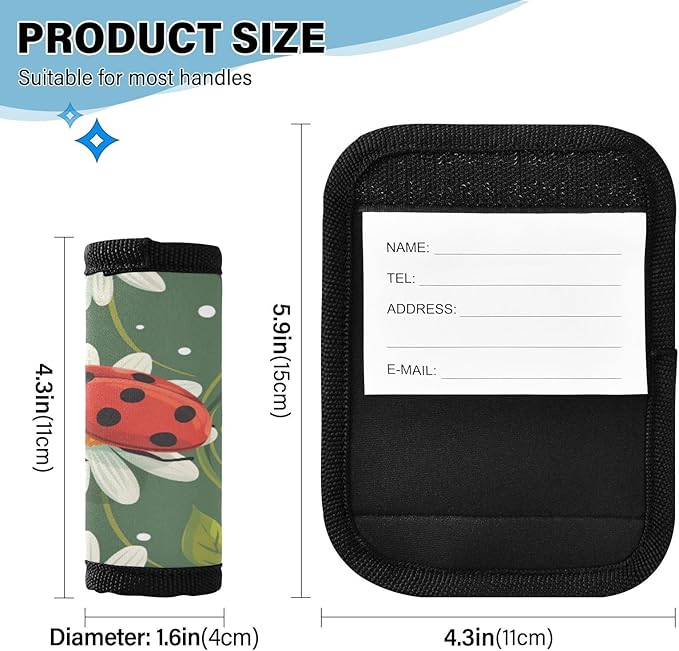 Qilmy Cute Ladybug Luggage Handle Wrap 2Pack Luggage Identifiers Tag Comfort Handle Grips Cover for Stroller Suitcase Bag Airplane Travel Accessories1727