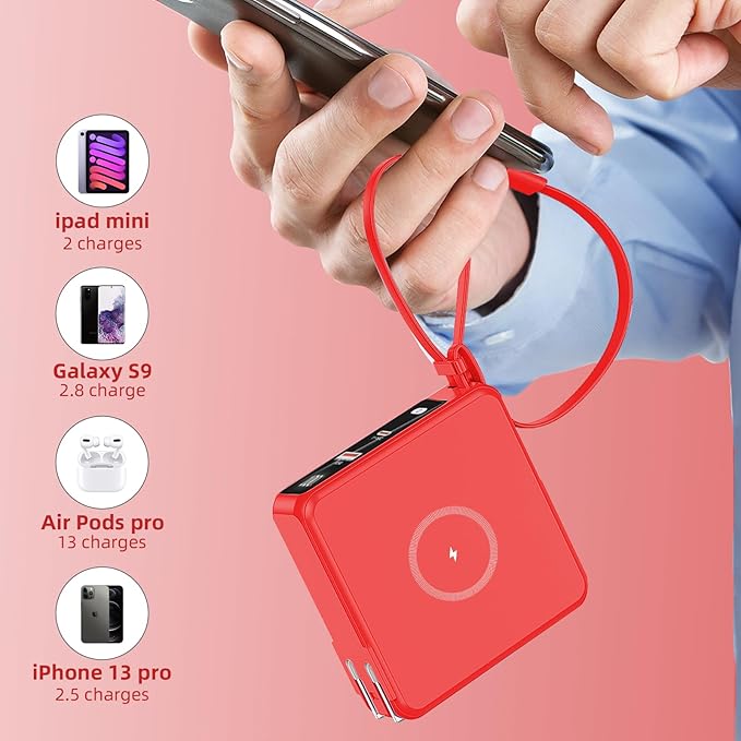 Wireless Charging Portable Charger with Built-in Cables & AC Wall Plug, 10000mAh Power Bank with LED light, PD 22.5W Fast Charging Travel Portable Charger for iPhone, Samsung, Android(No-Magnetic)