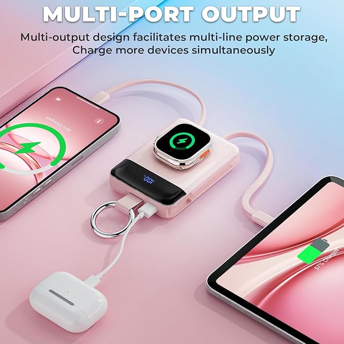 Portable Charger,5000mAh PD 20W Super Fast Charging Power Bank with Built-in Cables,Travel Keychain Battery Pack for Apple Watch Ultra/11/10/9/8/7/6/SE,iPhone 17/16/15/14/13/12 (Pink)