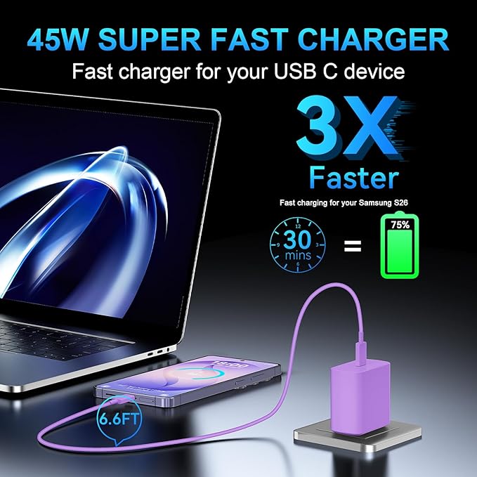 45W USB C Super Fast Charger Type C Charger Fast Charging Android Phone Charger Block with 6.6FT Type C Charging Cable for Samsung Galaxy S26 Ultra/S26/S26+/S25/S25 Ultra/S25+/S24 Ultra/S23 Ultra/S22
