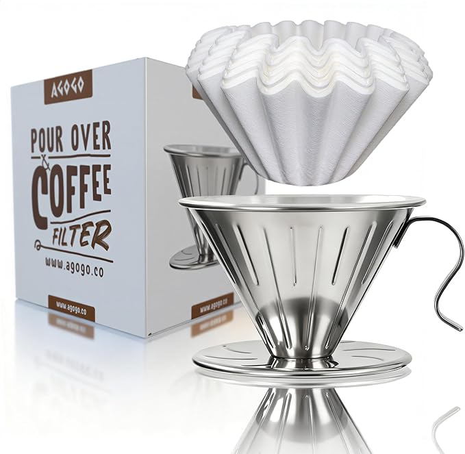 AGOGO V60 Coffee Dripper - Unbreakable 304 Stainless Steel Pour Over Cone for Travel & Camping, Includes 50 Paper Filters & Barista Towel - Silver