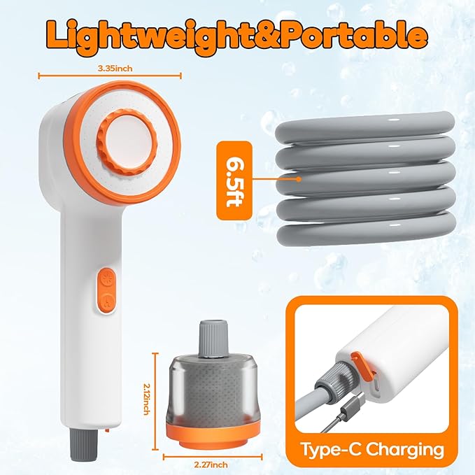 Portable Shower for Camping, Rechargeable Shower Head with LED Light, Filtered Camp Shower Pump, Large Capacity Foldable Bucket, Outdoor Camping Shower for Hiking, RV, Water Plant, Car Wash, Pet Bath