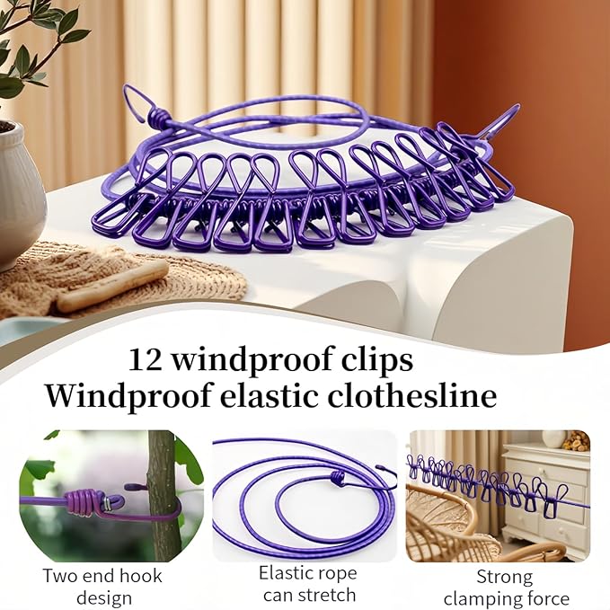 Portable Clothesline with 12 Clips - Extends 12ft, Heavy Duty Stainless Steel Hooks, Windproof for Travel/Camping/Indoor Use, Purple