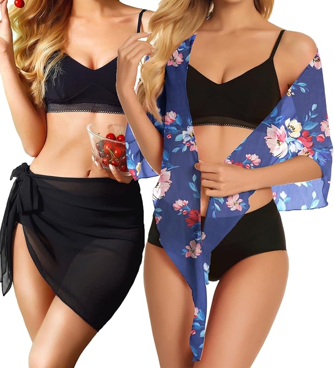 CHICGAL 2 Pieces Women Beach Sarong Bathing Suit Wrap Skirt Sheer Bikini Swimsuit Cover Ups for Swimwear