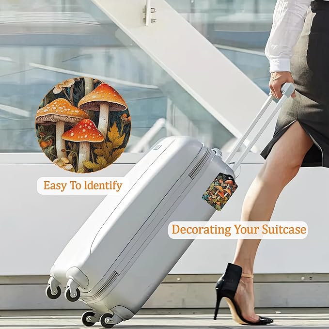 Mushroom Luggage Tags for Suitcases, 3 Pack Leather Bag Tag Identifiers with Stainless Steel Loop and Address Card for Men Women