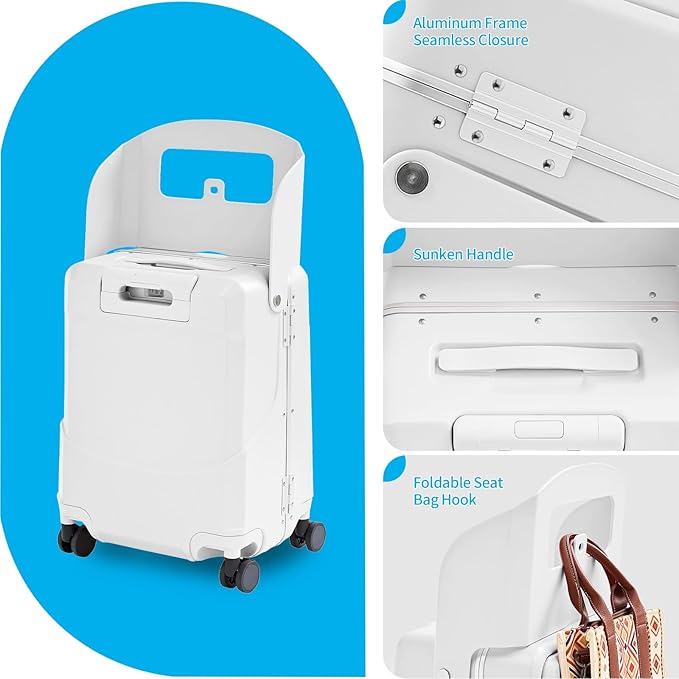 TABU 20" Ride on Luggage with Foldable Seat，Front-Opening Carry On Suitcase with Built-in USB & Type-C Port, TSA Lock and 360° Silent Spinner, for Kids & Adults, White