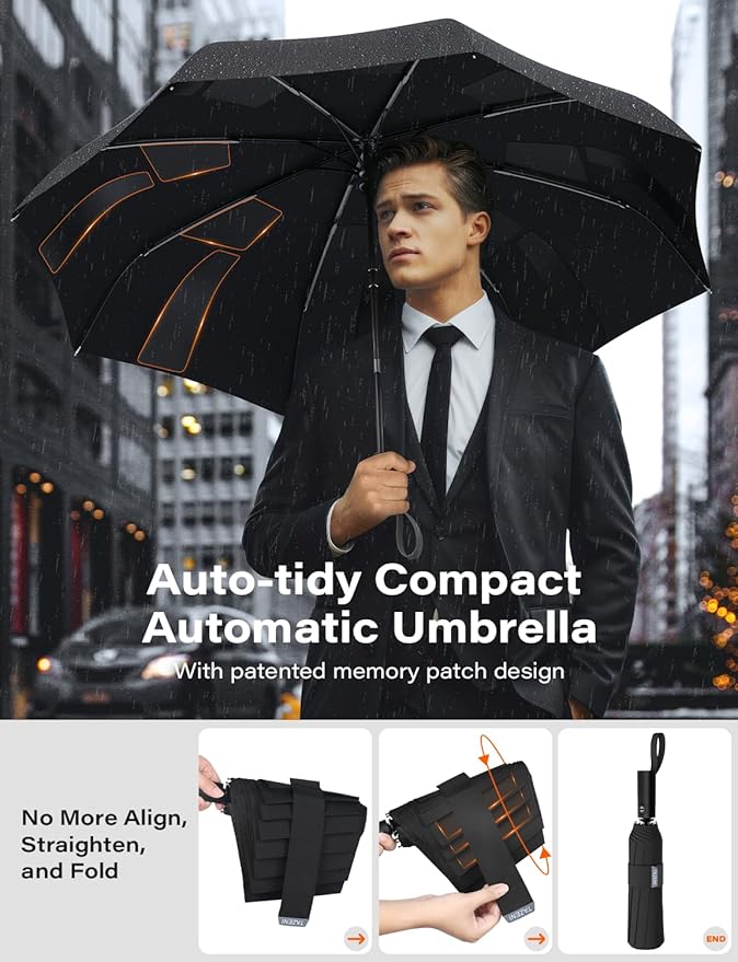 TAZENI Auto-Tidy Travel Umbrella for Rain Auto Open/Close Compact Small Windproof Umbrella Strong & Light Sun Rain Umbrellas Large Long-lasting Easy Use Travel Essential for 2 Men Women Gift Black