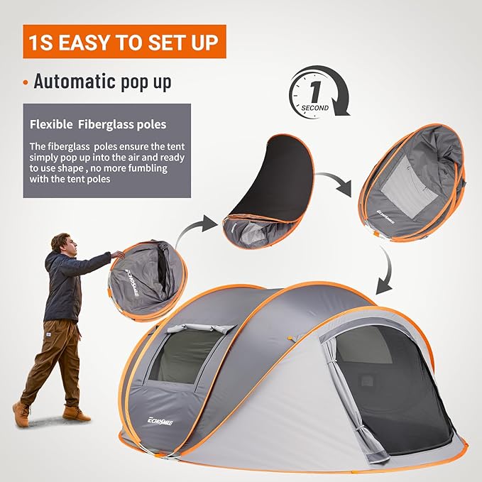 EchoSmile Pop Up Camping Tent, 2/4/6 Person Easy Setup Tent, Water Resistant Dome, Portable with Carry Bag