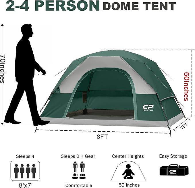 CAMPROS CP Camping Tent 2/4/6 Person, Waterproof Windproof Double Layer Dome Tent, Easy Setup with Large Mesh Windows & Wide Door for Outdoor Camping Backyard