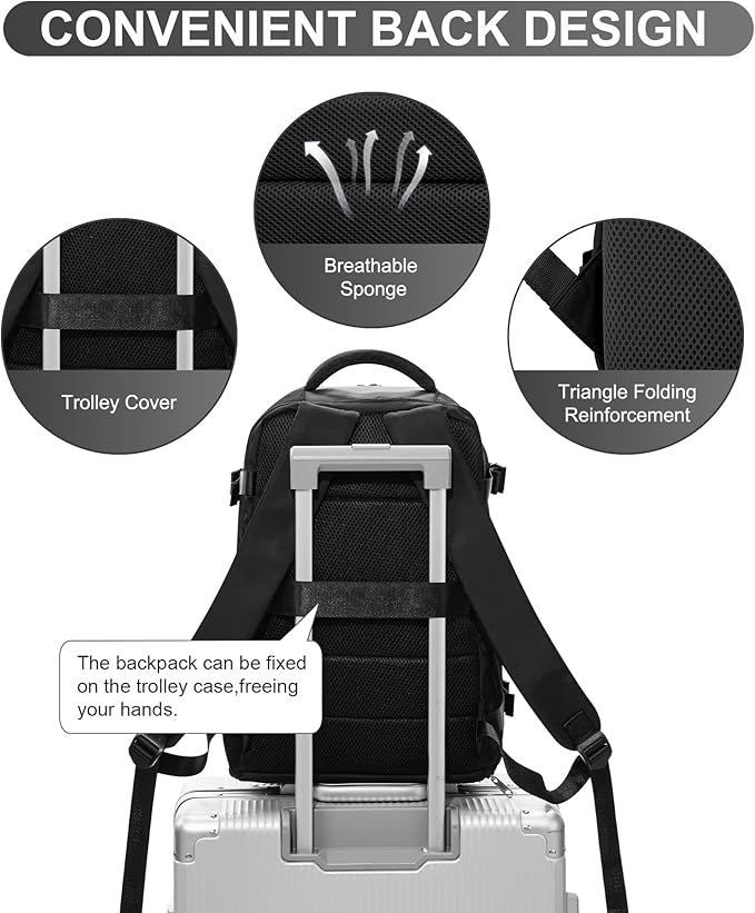 WONHOX Travel Backpack Women,Carry On Backpack Flight Approved 18x14x8 inches Bag Spirit Airlines Personal ltem,College Sports Hiking Rucksack Waterproof Casual Daypack Laptop Blackpack Men,Black