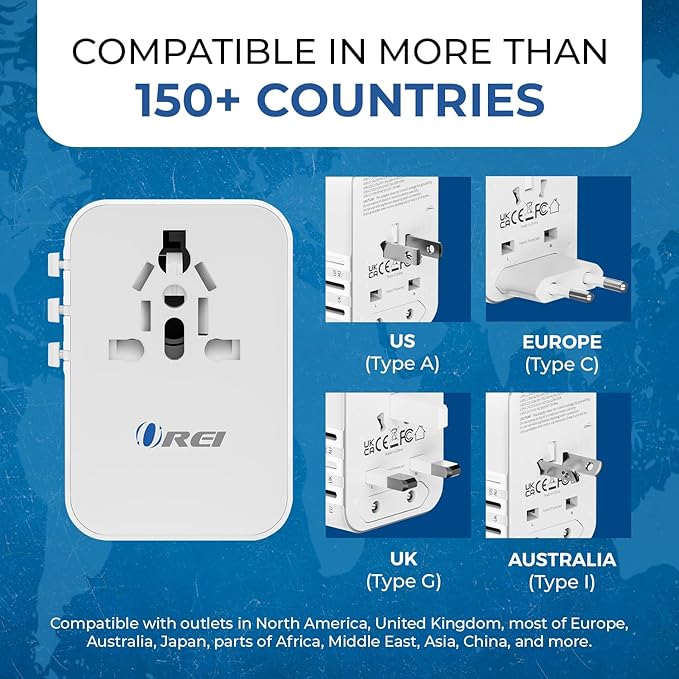 OREI Universal Travel Adapter – All-in-One Worldwide Power Plug Converter with Dual USB Charging Ports – Compatible with USA, EU, UK, AUS