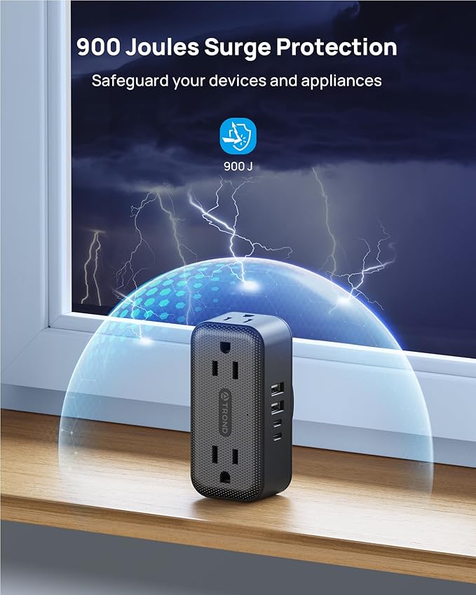 TROND Wall Outlet Extender with 360 Rotating Plug, Multi Plug Wall Outlet with 4 Electrical Sockets and 4 USB Ports, 900 Joules Surge Protection, USB Charging Station for Home Office Travel, Black