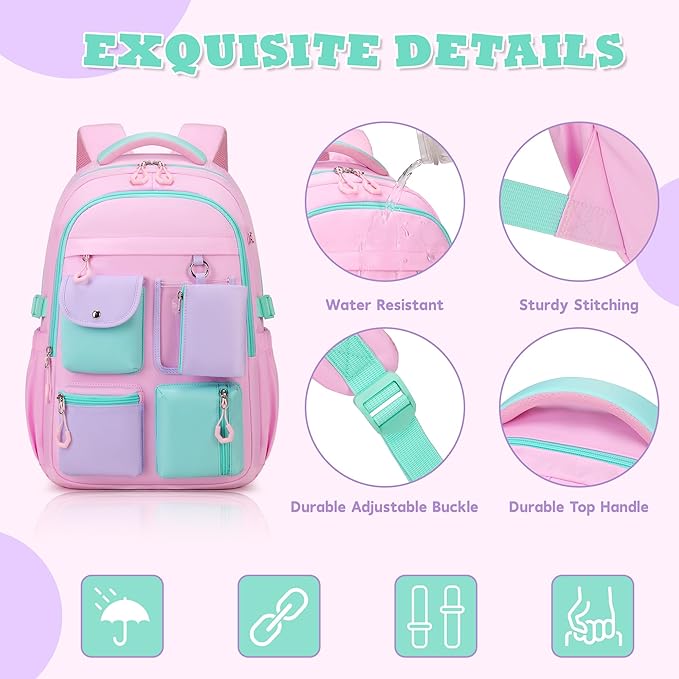 Kids Backpack, Backpack for Girls for Elementary School Multiple Pockets Ages 6-10(Pink)